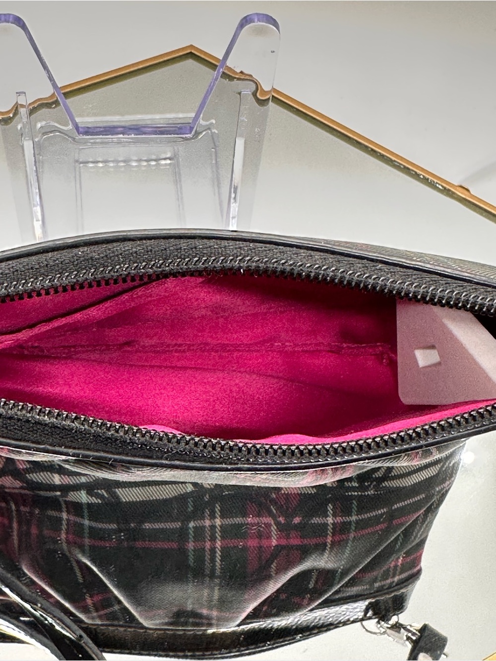Coach Black Plaid Wristlet with Pink Accent - Picture 4 of 5